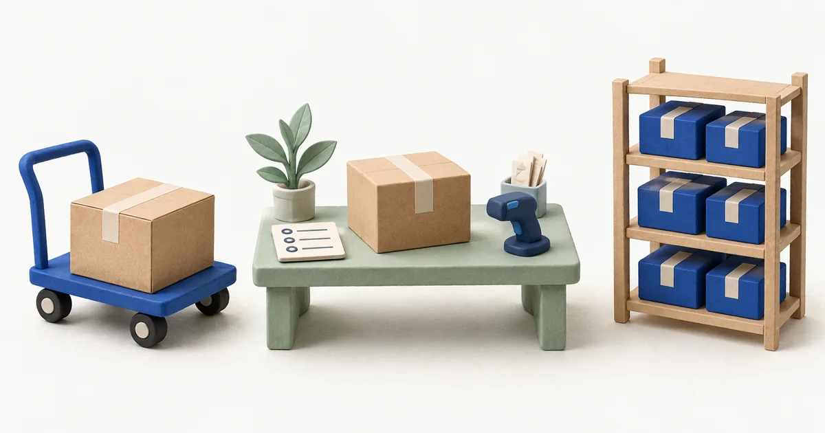 Illustration einer FBA-Anlieferung vom Transportwagen über den Wareneingang bis zum Lagerregal